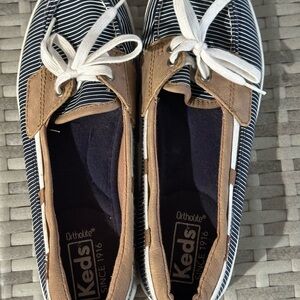 Keds Navy White Striped Canvas Loafers with Tan Trim